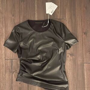 Helmut Lang Black Faux Leather Twist Short Sleeve Top M NWT $295 Retail